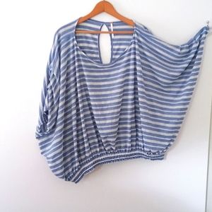 Free People size M blue & white stripe cotton knit boho top dolman tuck sleeve